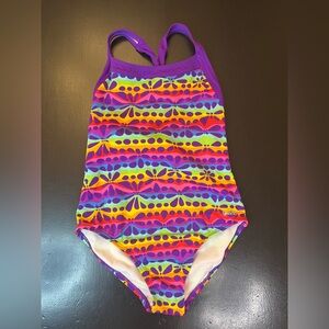 Speedo Purple Colorful Rainbow Dot Floral One Piece Swimsuit Girls‎ Sz 14